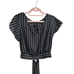 👗 2/$30 👗  Black & White Striped Short Sleeve Blouse With Tie Waist Size S 1